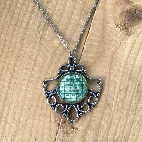 Petite St. Charles Map Necklace by Emily McDonald | Silver plated copper, epoxy resin, vintage map, stainless steel chain Petite St. Charles Map Necklace